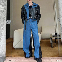 Load image into Gallery viewer, Deconstructed Washed Denim PU Leather Jacket Wide-leg Trousers Two-piece Suit
