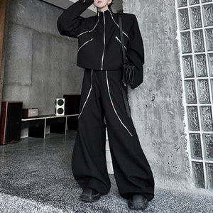 Jacket with Multiple Zippers and Wide Leg Pants Two-piece Set