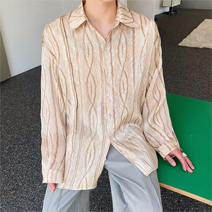 Pleated Textured Lapel Long Sleeve Shirt