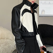 Load image into Gallery viewer, Stand Collar Contrast Color Short PU Leather Jacket
