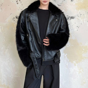 Artificial Fur Patchwork Leather Short Jacket