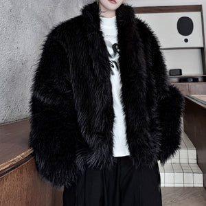 Stand Collar Buttoned Cotton Artificial Fur Short Coat