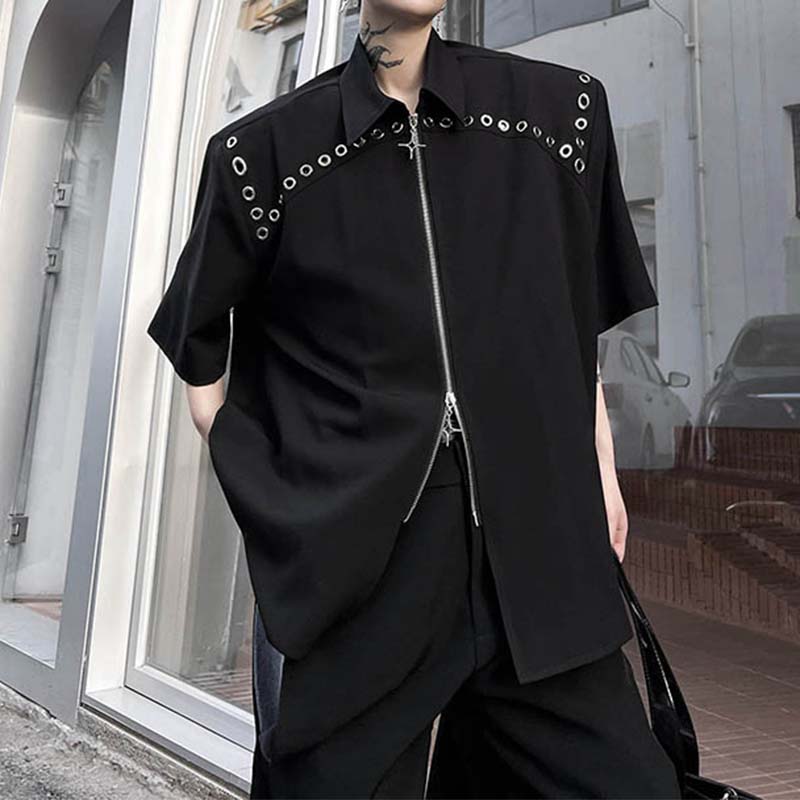 Double Zipper Shoulder Pads Short Sleeve Shirt