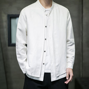 Cotton and Linen Stand Collar Shirt