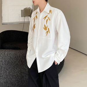 Maple Leaf Embroidered Vintage Lapel Long Sleeve Shirt