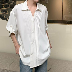 Pleated V-neck Loose Shirt with Three-quarter Sleeves