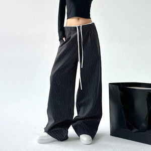 Retro Stitching Double Waist Striped Casual Pants