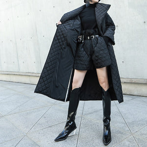 High Collar Rhombus Side Slit Long Cotton Coat