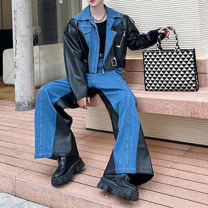 Deconstructed Washed Denim PU Leather Jacket Wide-leg Trousers Two-piece Suit