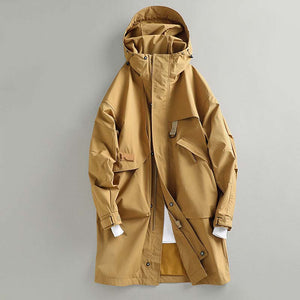 Retro Mid-length Hooded Casual Windbreaker Jacket