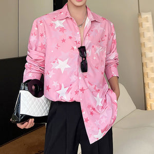 Star Print Pink Casual Lapel Long Sleeve Shirt