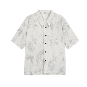 Thin Pleated Printed Cuban Collar Shirt