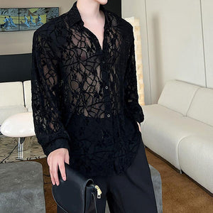 Mesh Jacquard Hollow Long Sleeve Shirt