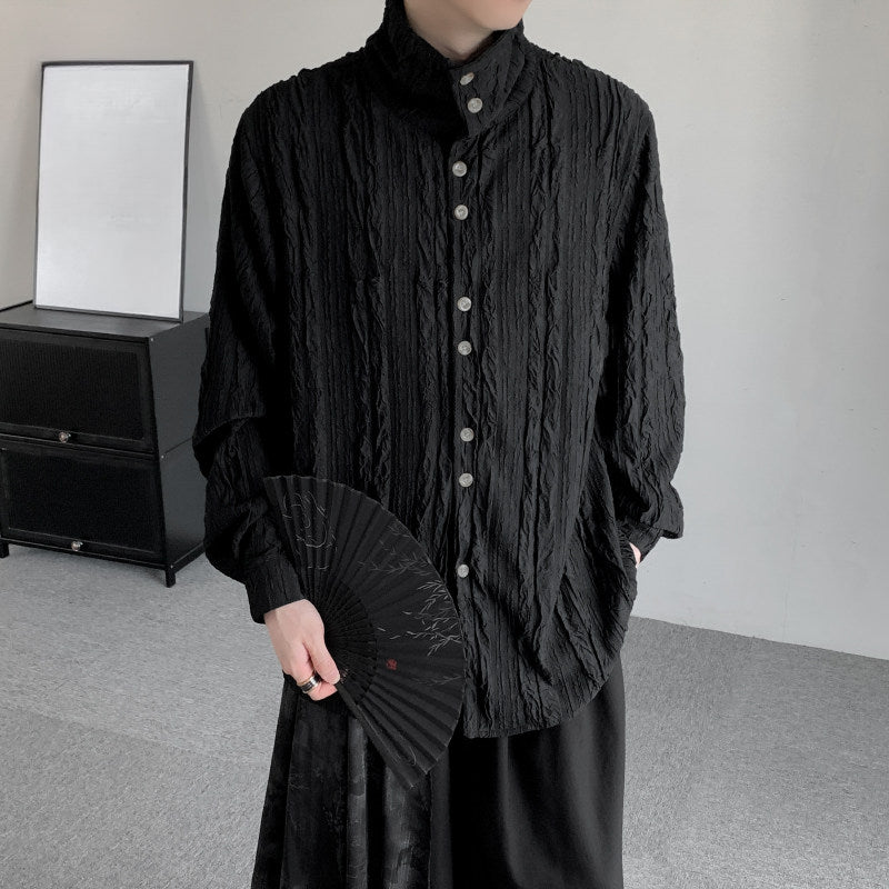 Textured Pleated High Collar Shirt