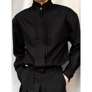 Pleated Panelled Stand Collar Shirt