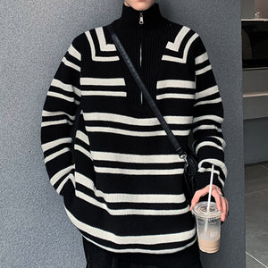 Stand Collar Half Zip Striped Sweater