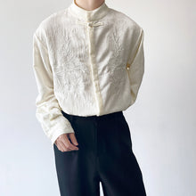 Load image into Gallery viewer, Embroidered Jacquard Stand Collar Button Up Long Sleeve Shirt
