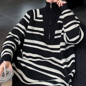 Stand Collar Half Zip Striped Sweater