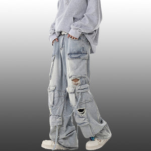 Ripped Denim Loose Straight-leg Multi-pocket Trousers