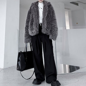 Stand Collar Buttoned Cotton Artificial Fur Short Coat