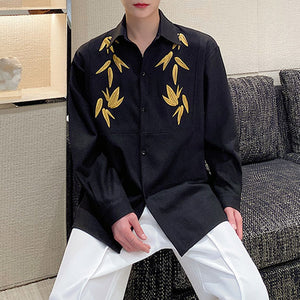 Maple Leaf Embroidered Vintage Lapel Long Sleeve Shirt