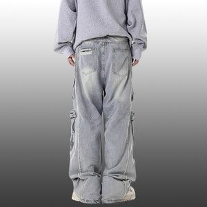 Ripped Denim Loose Straight-leg Multi-pocket Trousers