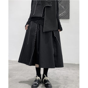 Irregular Pleated Topstitched A-Line Midi Skirt