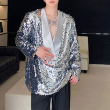 Load image into Gallery viewer, Sequined Satin Panel Deep V-neck Shirt
