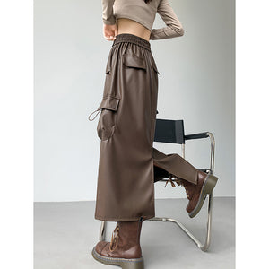 Retro Slit A-line Pu Mid-length Leather Skirt