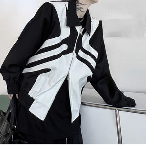 Black and White Stitching Contrast Color  Shoulder Pad Jacket