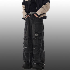 Ripped Denim Loose Straight-leg Multi-pocket Trousers