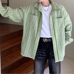 Fringe Frayed Striped Long-sleeve Shirt Jacket