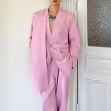 Load image into Gallery viewer, Pink Collarless Suit Jacket Loose Casual Pants Two-piece Suit
