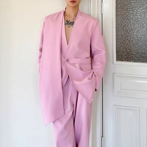 Pink Collarless Suit Jacket Loose Casual Pants Two-piece Suit