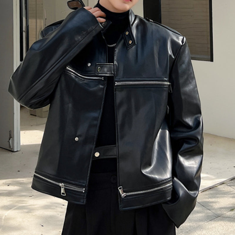 Stand Collar Windproof Loose Leather Jacket