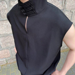 Pullover Buckle Hollow Stand Collar Sleeveless Shirt