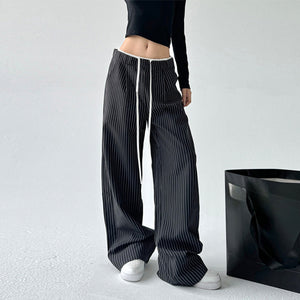 Retro Stitching Double Waist Striped Casual Pants