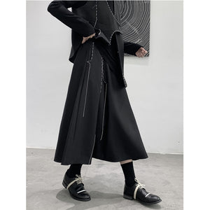 Irregular Pleated Topstitched A-Line Midi Skirt