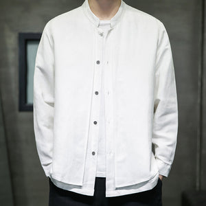 Cotton and Linen Stand Collar Shirt