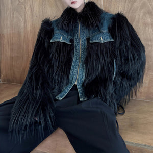 Denim Patchwork Warm Puffy Fur Jacket