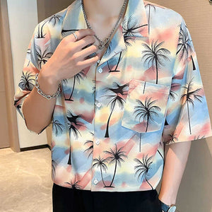 Beach Resort Summer Coconut Tree Print Short Sleeve Shirt