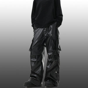 Vintage Multi-Pocket Shiny Leather Loose Wide-Leg Casual Pants