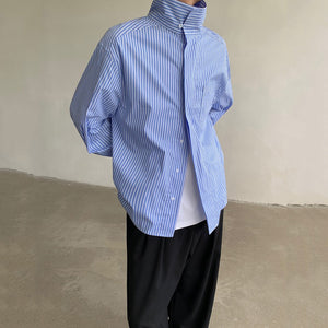 Blue Striped Turtleneck Loose Fit Shirt