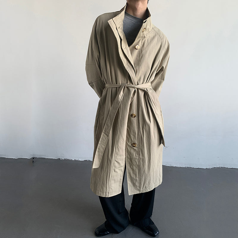 Belted Stand Collar Knee-length Trench Coat