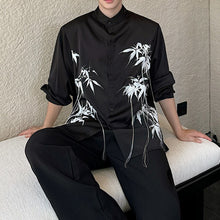 Load image into Gallery viewer, Ink Bamboo Print Tassel Embroidery Stand Collar Shirt
