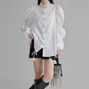 Beaded Puff Sleeve Pleated Shirt