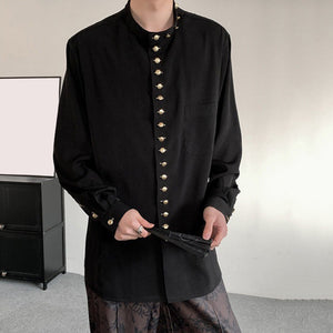 Loose Long-sleeved Shirt with Small Gold Buttons