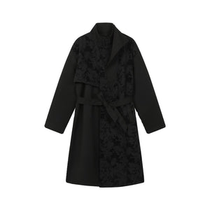 Winter Woolen Jacquard Stitching Stand Collar Trench Coat