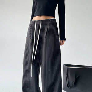 Retro Stitching Double Waist Striped Casual Pants