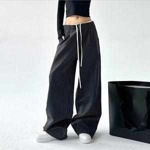 Retro Stitching Double Waist Striped Casual Pants